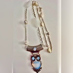NWOT necklace Owl Opalite Glass? Pendant,faux Opalite & filigree silver 36”chain